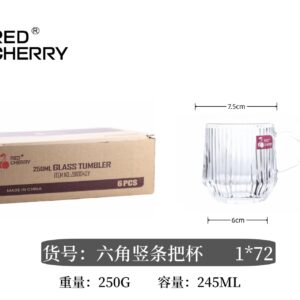 Hexagonal vertical stripe galss cup with handle 245ml - Image 1