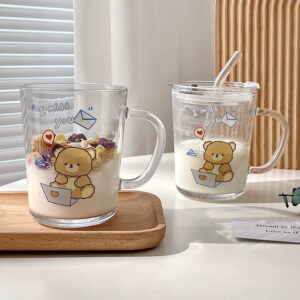 Cartoon milk glass cup with straw 400ml - Image 1