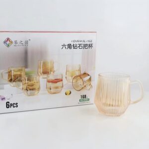 Hexagonal amber vertical stripe glass cup with handle 250ml - Image 1