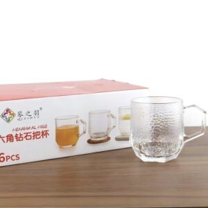 Hexagonal hammer texture glass cup with handle 250ml - Image 1