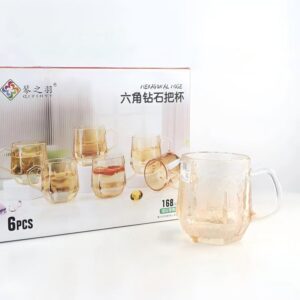 Hexagonal amber texture glass cup with handle 250ml - Image 1