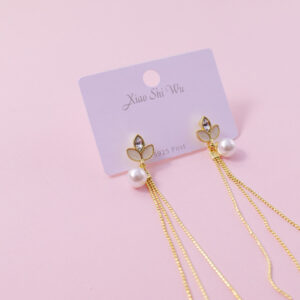 Leaf Pearl Long Chain Earrings - Image 2