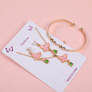 Pink Butterfly and Green Rhinestone Necklace, Stud Earrings and Bracelet Set - Image 3