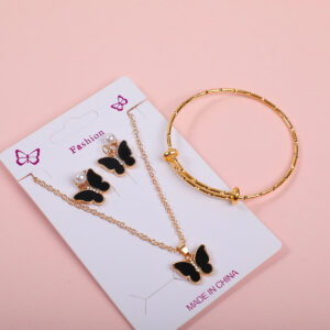Black Butterfly Necklace, Stud Earrings and Bracelet Set - Image 3
