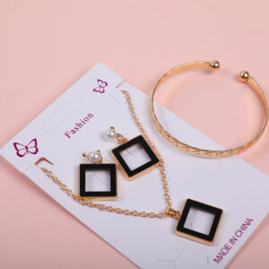 Black Frame Square Necklace, Stud Earrings and Bracelet Set - Image 3