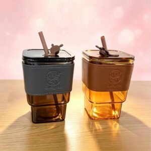 460ml Square Deer Glass Tumbler with Straw(Color Box Packaged) - Image 1