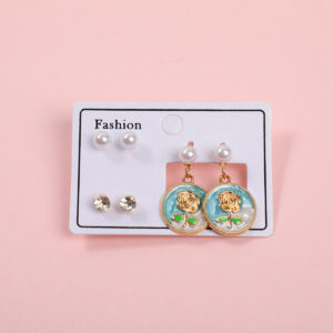 Green Enamel Rose 3 Pairs Earrings - Image 1