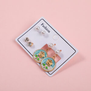 Green Enamel Rose 3 Pairs Earrings - Image 2