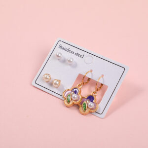 Four-Petal Flower Pearl 3 Pairs Earrings - Image 2