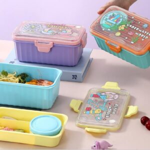 Rectangular Cartoon Plastic Lunch Box 2.05L (with PP Fork & Spoon + PP Soup Bowl 150ml) - Image 1