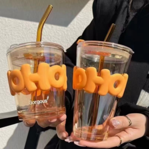 Orange letters glass cup with color box-380ml - Image 1