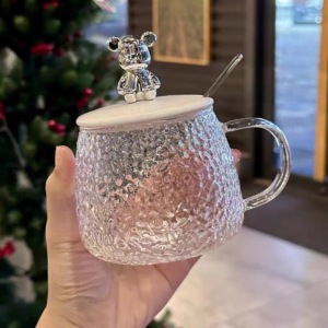 Little bear glass cup with lid 300ml - Image 1