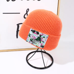 Literary style leather label knitted hat-orange - Image 2