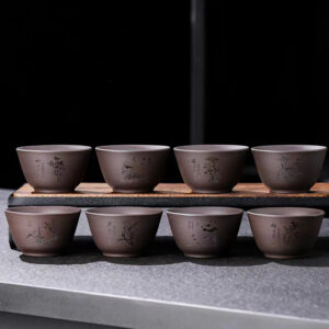 Purple clay black agarwood carved flower tea cup 75ml - Image 1
